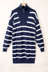Striped O-Ring Zip Front Collared Drop Shoulder Long Sleeve Sweater Dress